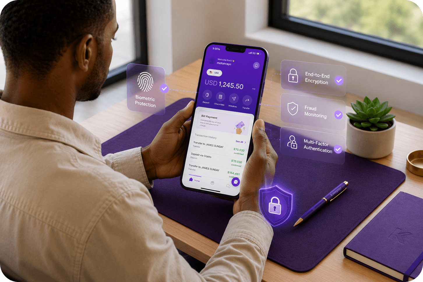 Kokopay security features shown on a phone